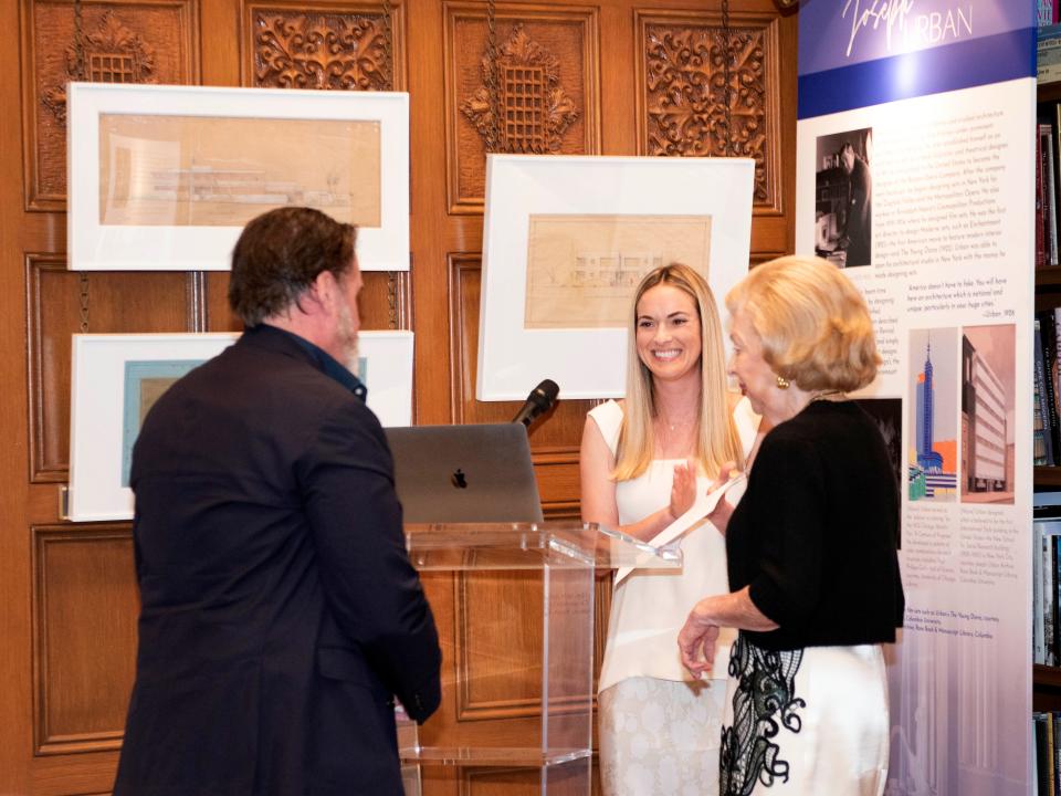 Amanda Skier, center, welcomes Keith Williams and Lesly Smith to the lectern during the 2023 Lesly S. Smith Landscape Award presentation at the Preservation Foundation of Palm Beach.