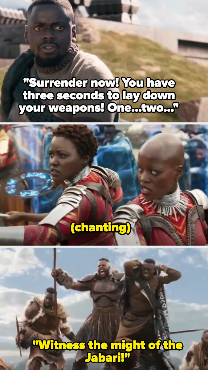 <div><p>"When the border tribe (aka traitors) had the remaining guard trapped and the mountain tribe showed up and kicked ass, omg. That was my favorite moment in <i>Black Panther.</i>"</p><p>—<a href="https://www.buzzfeed.com/marijo" rel="nofollow noopener" target="_blank" data-ylk="slk:Marijo;elm:context_link;itc:0;sec:content-canvas" class="link ">Marijo</a></p></div><span> Marvel</span>