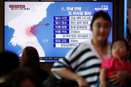 People watch a TV broadcast of a news report on North Korea firing short-range ballistic missiles, in Seoul