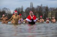 Members of the Berliner Seehunde (Berlin Seals) ice swimmers club take a dip in Lake Orankesee during their traditional Christmas swimming event in Berlin, December 25, 2013. REUTERS/Thomas Peter (GERMANY - Tags: SOCIETY TPX IMAGES OF THE DAY)