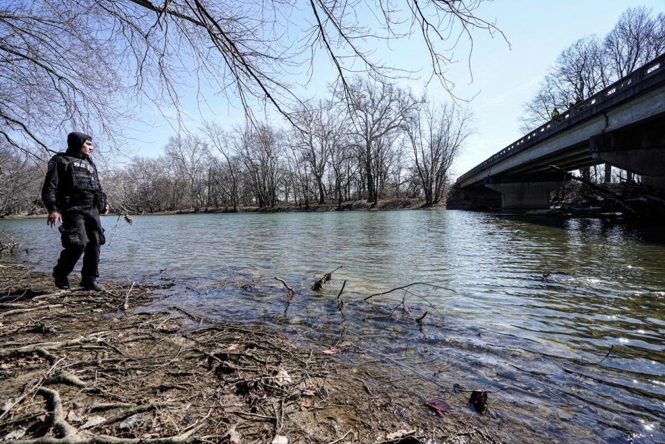 A police officer is among those taking part in a search of the banks of the Mississinewa River west of Eaton on Monday afternoon. For the third time in four days, search parties gathered in the Eaton area looking for a missing 14-year-old boy.