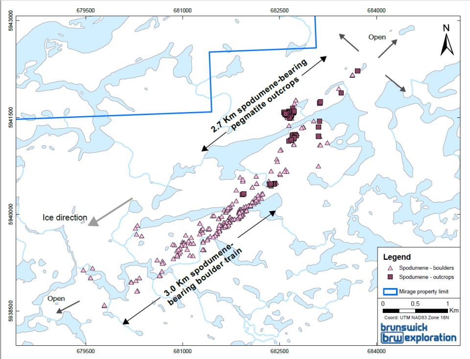 Location of spodumene-bearing outcrops and boulder train