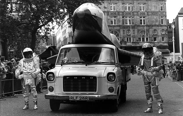 <b>Moonraker – 1979</b><br><br> One of the model space shuttles made for the movie was showcased at the 1979 premiere at the Odeon Leicester Square in London. Accompanied by two spacemen t the space shuttle was driven around the Square on a truck. <br><br> (Copyright: REX)