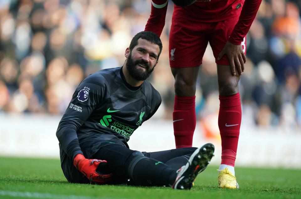 Alisson Becker suffered a hamstring injury during Liverpool's draw at Manchester City (PA)