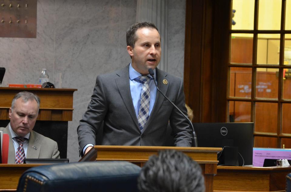 State Sen. Spencer Deery (R-West Lafayette) discusses Senate Bill 243 during the Senate session, on Tuesday, Feb. 14, 2023, in Indianapolis.