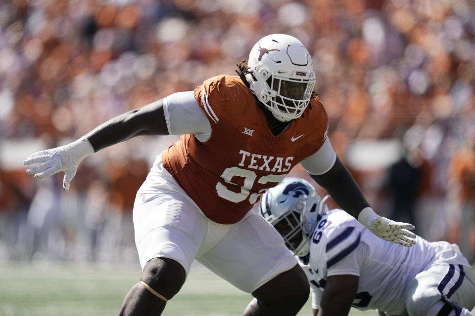 Texas defensive lineman T'Vondre Sweat (93) during the second half of an NCAA college football game against Kansas State in Austin, Texas, Saturday, Nov. 4, 2023. (AP Photo/Eric Gay)