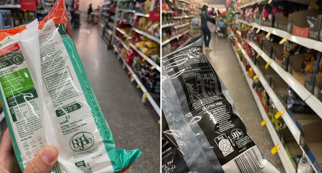 Left - a packet of cleaning supplies with the REDcycle and ARL logos. Right - a packet of chips with the same logos in a supermarket isle.