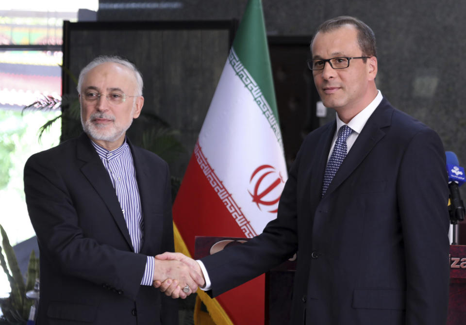 In this photo released by the Atomic Energy Organization of Iran, the head of the organization Ali Akbar Salehi, left, shakes hands with Acting Director General of the International Atomic Energy Agency, IAEA, Cornel Feruta during their meeting in Tehran, Iran, Sunday, Sept. 8, 2019. Salehi said the European Union has failed to honor its commitments under Tehran's nuclear deal with world powers, following the U.S. withdrawal from the 2015 accord over a year ago. (Atomic Energy Organization of Iran via AP)