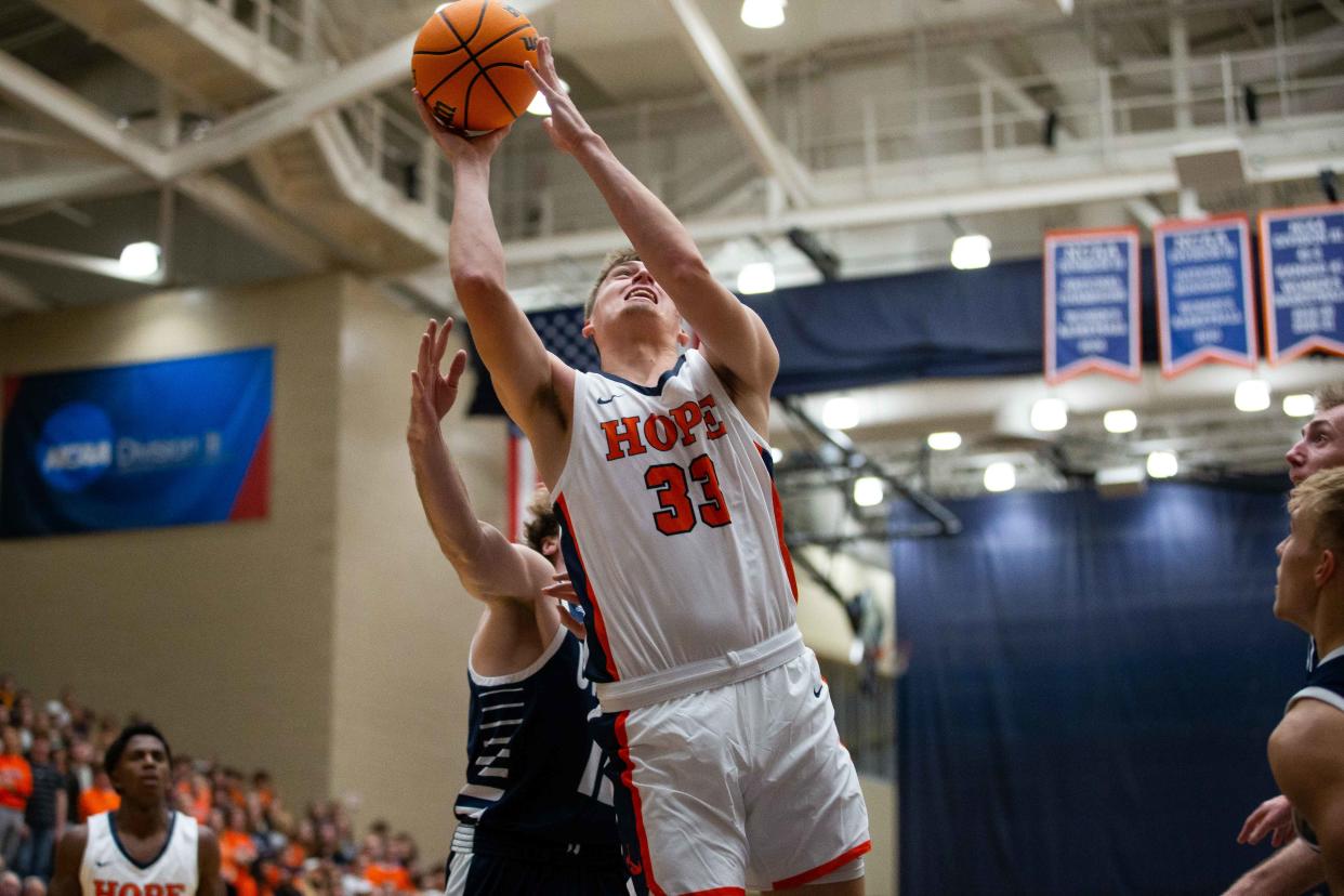 Hope's Gabe Quillan looks to score during a game against UW Stout Friday, Nov. 11, 2022, at DeVos Fieldhouse. 