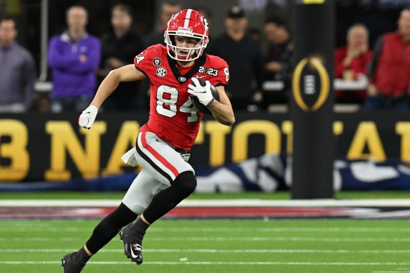 Georgia wide receiver Ladd McConkey is projected to be a late first or early second-round pick in the 2024 NFL Draft. File Photo by Jon SooHoo/UPI