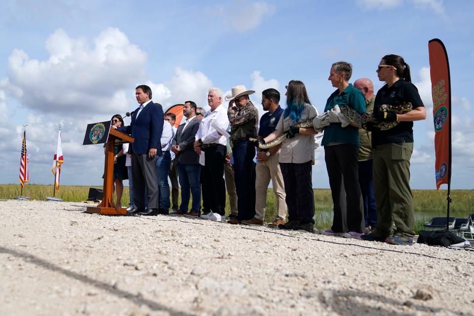 Florida Gov. Ron DeSantis speaks at a media event where he announced registration for the 2022 Florida Python Challenge.