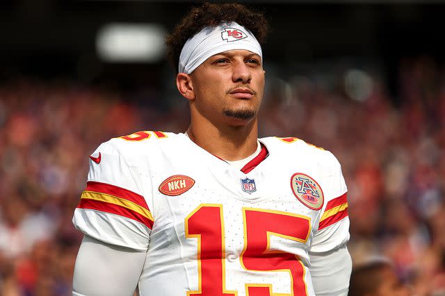 <p>Kevin Sabitus/Getty </p> Patrick Mahomes during an October 2023 Chiefs game against the Minnesota Vikings
