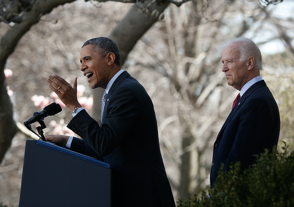 U.S. President Barack Obama speaks on the Affordable Care Act with Vice President Joe Biden in the Rose Garden of the White House April 1, 2014 in Washington, DC. (Photo by Win McNamee/Getty Images)