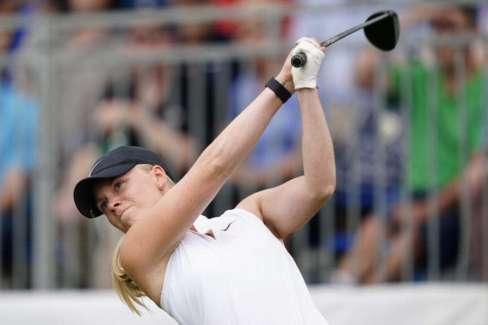 Frida Kinhult, of Switzerland, hits off the first tee during the second round of the ShopRite LPGA Classic golf tournament, Saturday, June 11, 2022, in Galloway, N.J. (AP Photo/Matt Rourke)