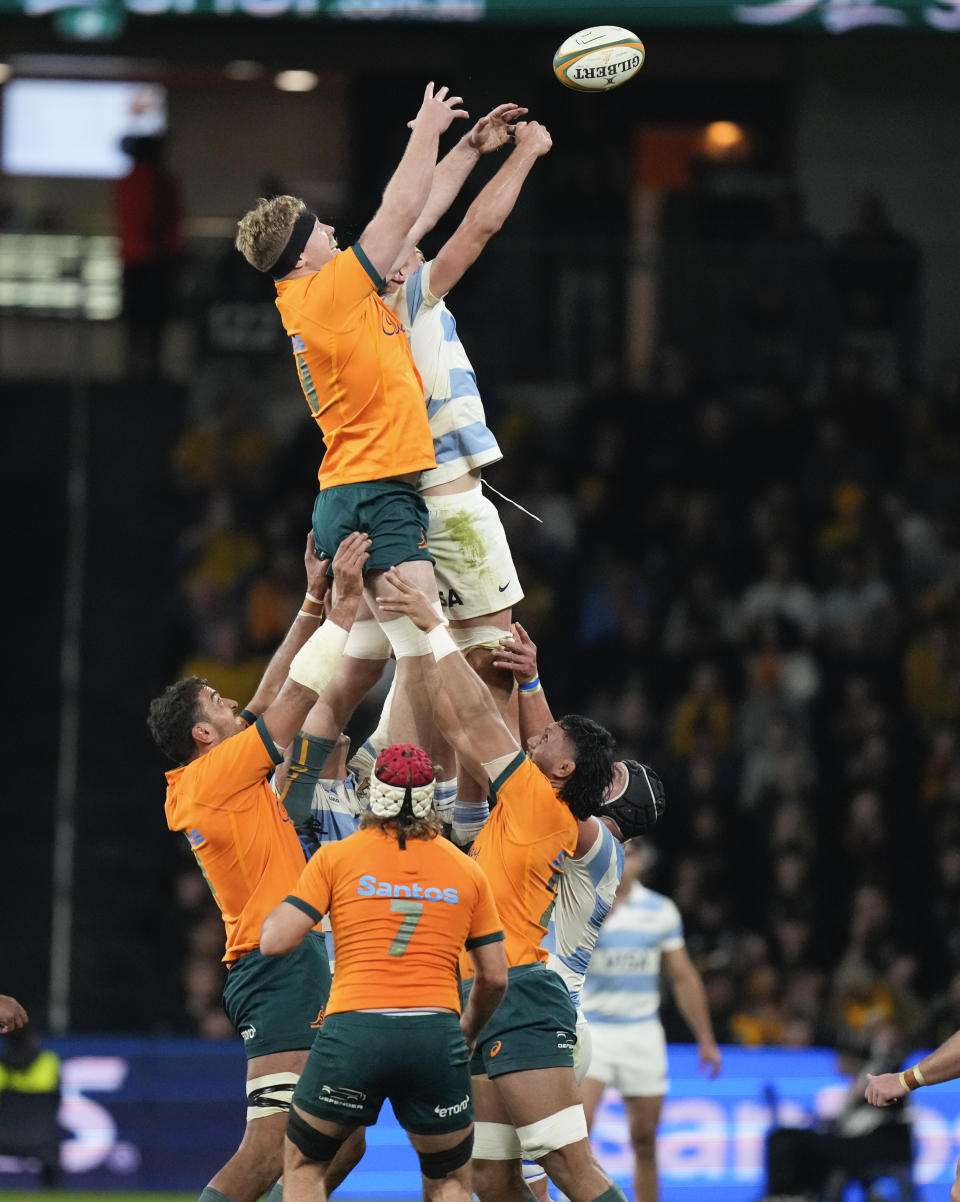 Australia's Matt Philip and Argentina's Pablo Matera compete for lineout ball during the Rugby Championship test match between Australia and Argentina in Sydney, Australia, Saturday, July 15, 2023. (AP Photo/Rick Rycroft)