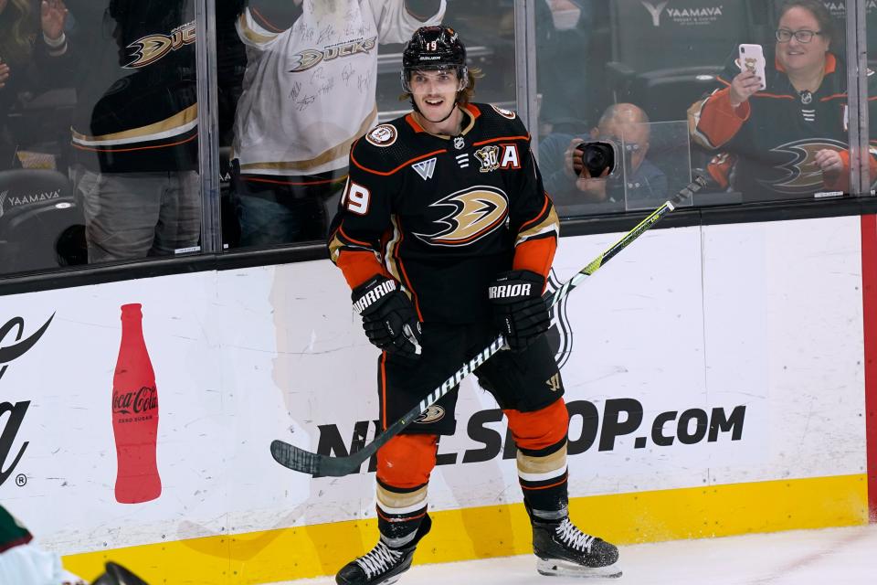 Anaheim Ducks right wing Troy Terry reacts after scoring against the Arizona Coyotes in overtime of an NHL hockey game Wednesday, Nov. 1, 2023, in Anaheim, Calif. (AP Photo/Ryan Sun)