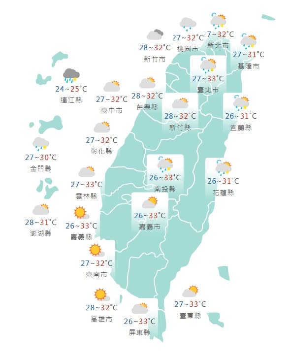 今日各地大多是多雲偶見陽光、悶熱的天氣，午後各地山區、中部以北、宜花將有雷陣雨發生。取自中央氣象署