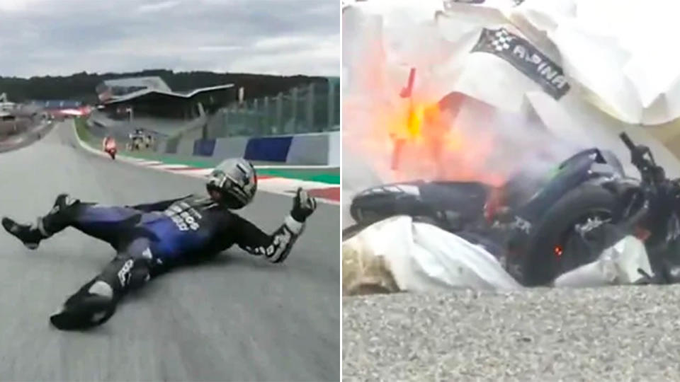 Pictured here, Maverick Vinales had to jump off his bike at high speed after his brakes failed.