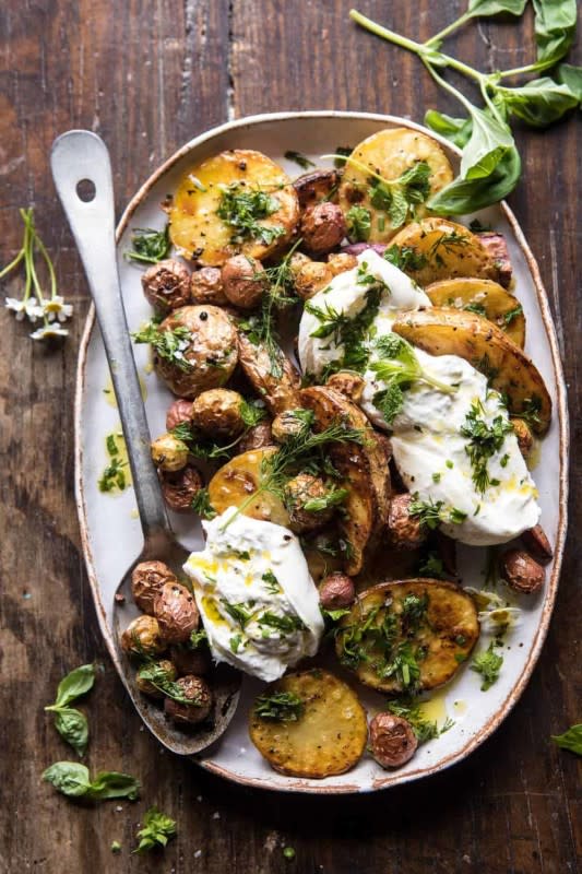 <p>Half Baked Harvest</p><p>Honey-harissa grilled peach and burrata salad with rice and fresh mint is the perfect side for all of your summer entertaining needs. Vegetarian, gluten-free, and make-ahead friendly.</p><p><strong>Get the recipe: <a href="https://www.halfbakedharvest.com/roasted-mixed-potatoes-with-spring-herbs-and-burrata/" rel="nofollow noopener" target="_blank" data-ylk="slk:Roasted Mixed Potatoes with Spring Herbs and Burrata;elm:context_link;itc:0;sec:content-canvas" class="link rapid-noclick-resp"><em>Roasted Mixed Potatoes with Spring Herbs and Burrata</em></a></strong></p>