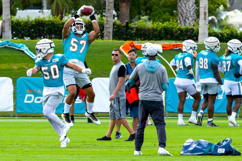 El linebacker de los Dolphins Brennan Scarlett (57) atrapa un pase en el quinto día de práctica en el Baptist Health Training Complex en Miami Garden, Florida, el 1ro de agosto de 2022.