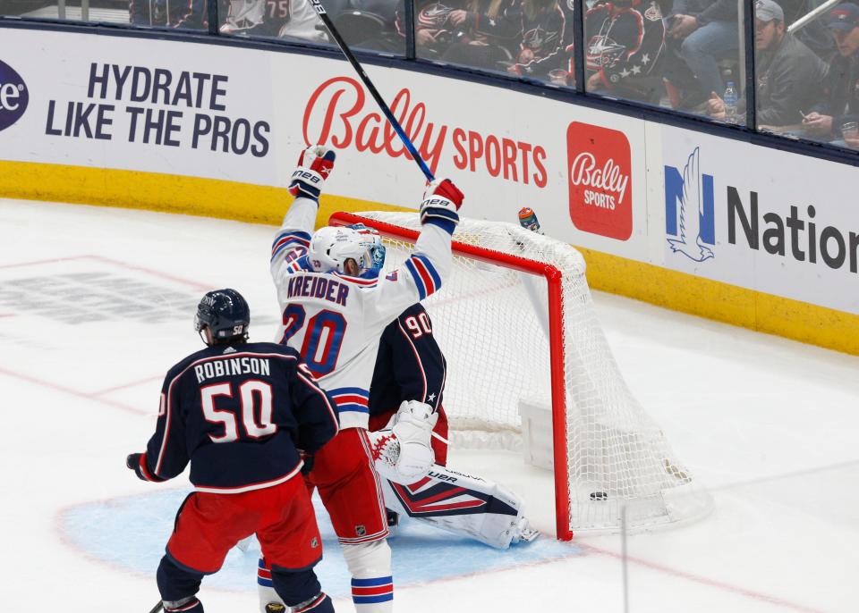 New York Rangers left wing Chris Kreider (20) celebrates a goal during the NHL game at Nationwide Arena in Columbus, Ohio, on Saturday, Nov. 13, 2021.