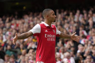 Arsenal's Gabriel Jesus celebrates after scoring his side's second goal during the English Premier League soccer match between Arsenal and Tottenham Hotspur, at Emirates Stadium, in London, England, Saturday, Oct. 1, 2022. (AP Photo/Kirsty Wigglesworth)