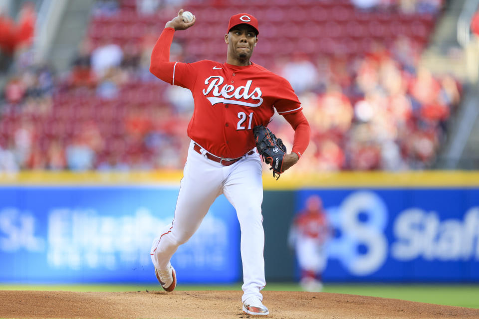 Cincinnati Reds' Hunter Greene throws during the first inning of a baseball game against the Chicago White Sox in Cincinnati, Friday, May 5, 2023. (AP Photo/Aaron Doster)