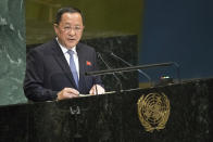 North Korean Foreign Minister Ri Yong Ho addresses the 73rd session of the United Nations General Assembly,Saturday, Sept. 29, 2018 at U.N. headquarters. (AP Photo/Mary Altaffer)