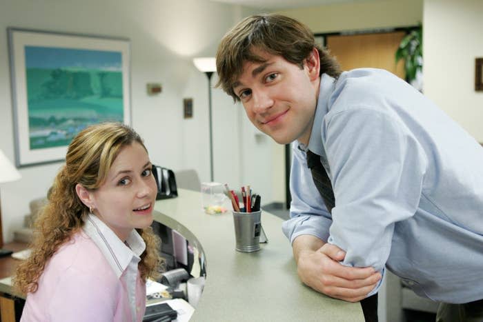 Jenna Fischer as Pam and John Krasinski as Jim are pictured on set while filming the "Drug Testing" episode of "The Office" in April 2006