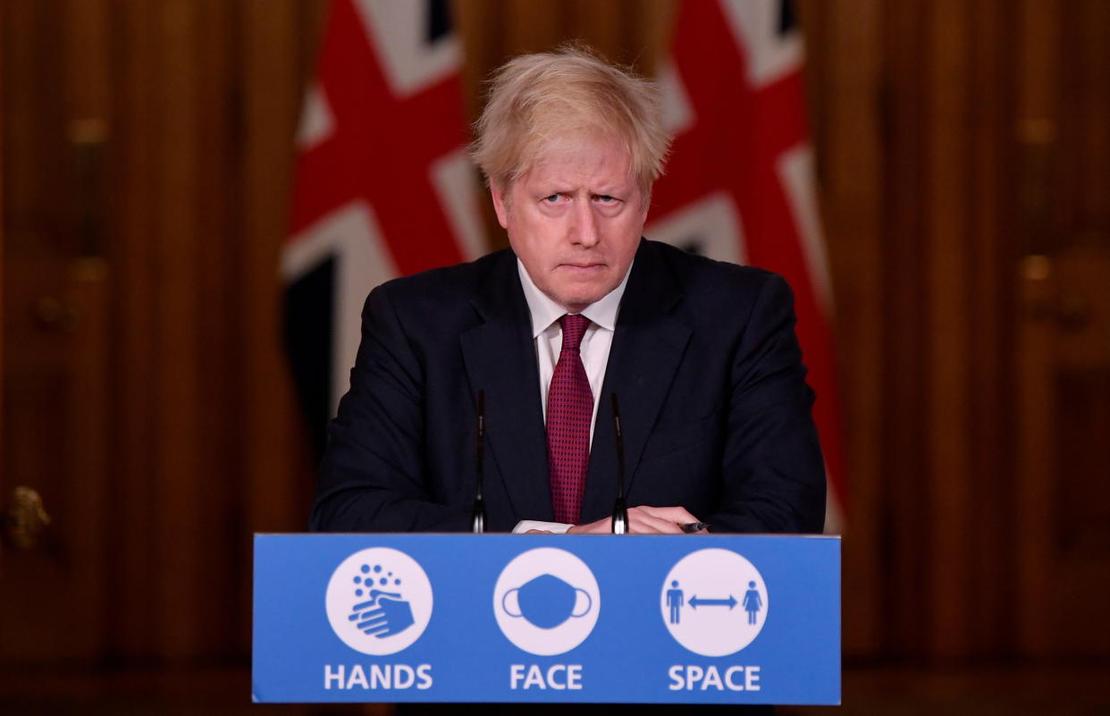 Prime Minister Boris Johnson during a news conference in response to the ongoing situation with the Covid-19 pandemic, at 10 Downing Street, London.