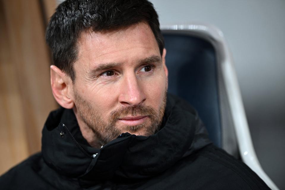 Inter Miami's Argentine forward Lionel Messi sits on the bench before the start of the friendly football match between Inter Miami of the US's Major League Soccer league and Vissel Kobe of Japan's J-League at the National Stadium in Tokyo on February 7, 2024. (Photo by Philip FONG / AFP) (Photo by PHILIP FONG/AFP via Getty Images)