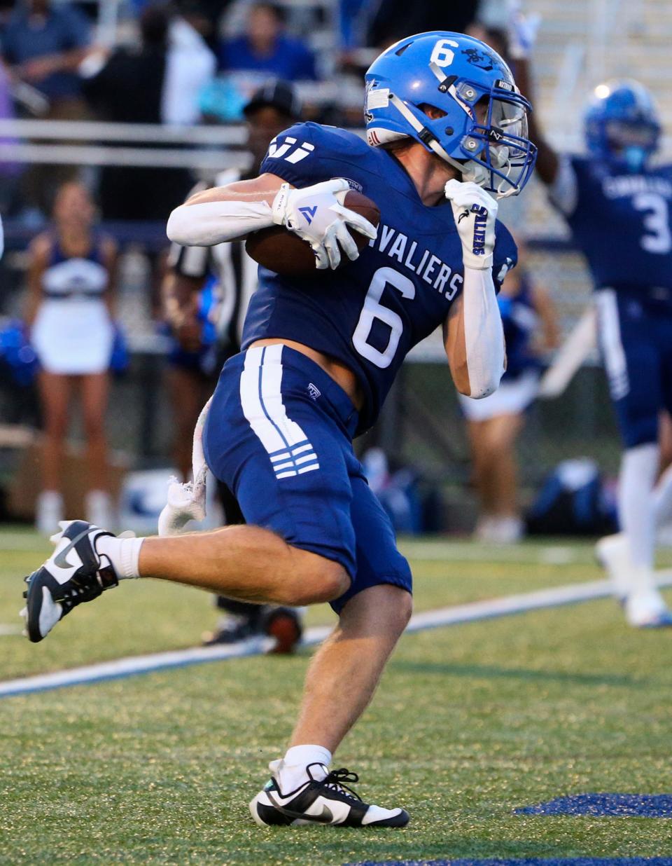 Middletown's Matt Priestley coasts into the end zone with a touchdown reception to open the scoring in the first half of the Cavaliers' 41-7 win against against Sussex Central at Cavaliers Stadium, Friday, Sept. 8, 2023.