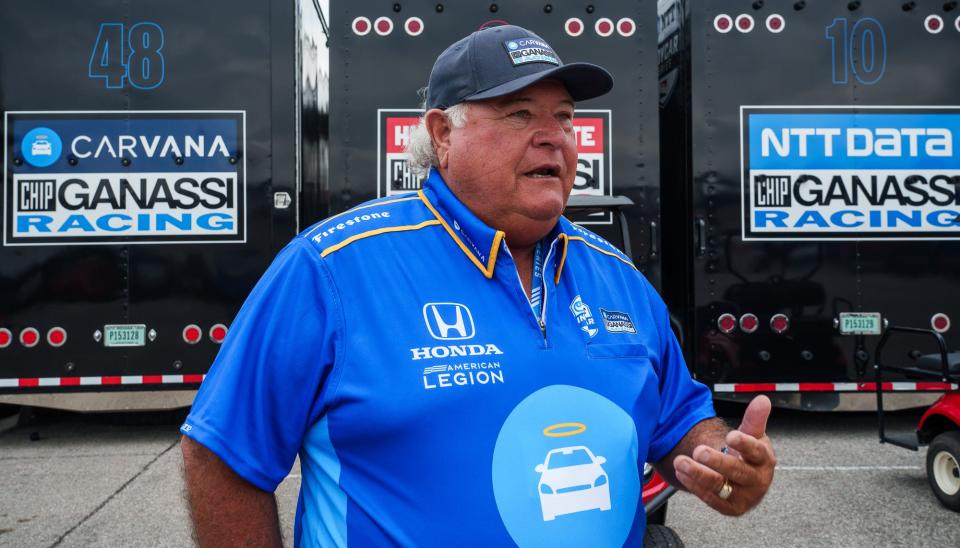 Gary Johnson, father of Chip Ganassi Racing driver Jimmie Johnson, talks about his role as a spotter Wednesday, May 18, 2022, at Indianapolis Motor Speedway. Johnson, who used to work on his son's NASCAR pit crew, will now be a spotter in Turn 3 for his Indianapolis 500 debut.