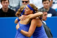 Tennis - WTA Premier - Aegon Classic - Edgbaston Priory Club, Birmingham, Britain - June 24, 2017 Czech Republic's Petra Kvitova after Czech Republic's Lucie Safarova (L) withdraws from the semi final due to injury Action Images via Reuters/Peter Cziborra