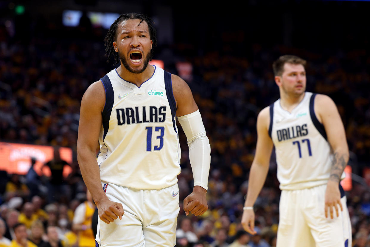 Jalen Brunson of the Dallas Mavericks celebrates a basket against the Golden State Warriors during the second quarter in Game One of the 2022 NBA Playoffs Western Conference Finals at Chase Center on May 18, 2022 in San Francisco.