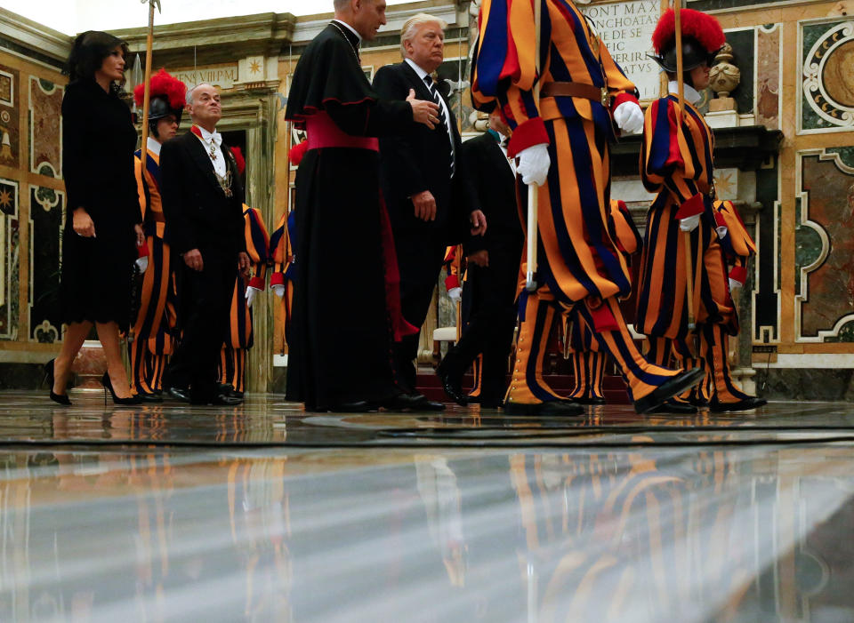 <p>President Donald Trump and first lady Melania arrive to meet Pope Francis on the occasion of their private audience, at the Vatican, Wednesday, May 24, 2017. (Photo: Jonathan Ernst/Pool Photo via AP) </p>