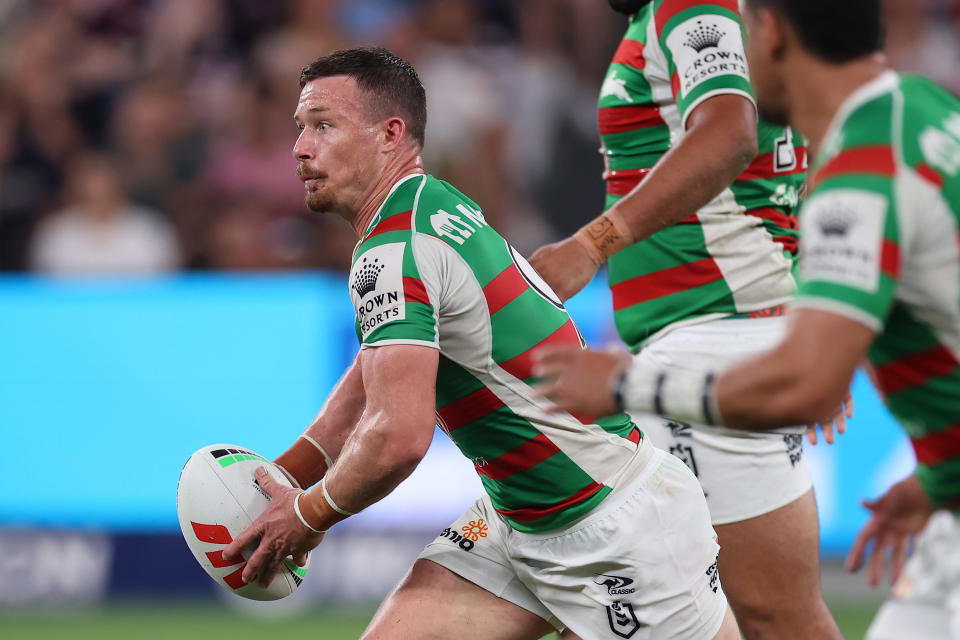Seen here, Rabbitohs hooker Damien Cook runs the ball during the round three NRL match against the Sydney Roosters.