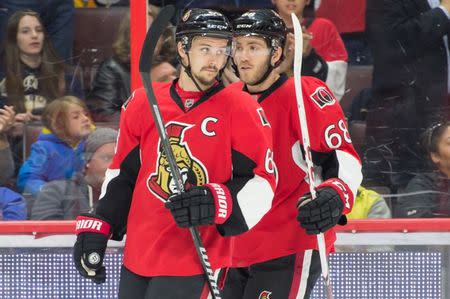 Apr 5, 2016; Ottawa, Ontario, CAN; Ottawa Senators defenseman Erik Karlsson's (65) scored his100th goal in the first period against the Pittsburgh Penguins at the Canadian Tire Centre. Mandatory Credit: Marc DesRosiers-USA TODAY Sports / Reuters Picture Supplied by Action Images (TAGS: Sport Ice Hockey NHL)