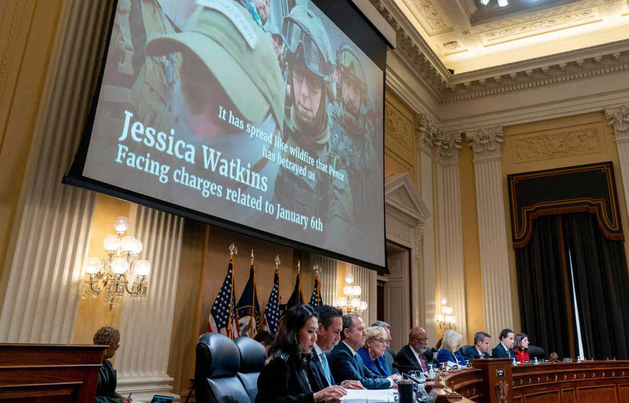 An of Jessica Watkins is displayed along with her audio  during a hearing by the House Select Committee to investigate the January 6th attack on the Capitol (Andrew Harnik / Pool / CNP / MediaPunch via Alamy file)