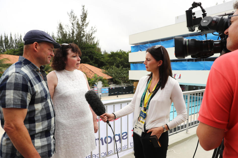 RIO DE JANEIRO, BRAZIL - AUGUST 08:  Parents of Adam Peaty, Mum Caroline and Dad Mark talk to media at the Adam Peaty’s family press conference on August 8, 2016 in Rio de Janeiro, Brazil.  (Photo by Bryn Lennon/Getty Images)