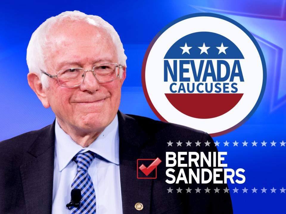 BERNIE SANDERS, as Democratic presidential candidate, over NEVADA CAUCUSES lettering on button and check mark, on texture, finished graphic