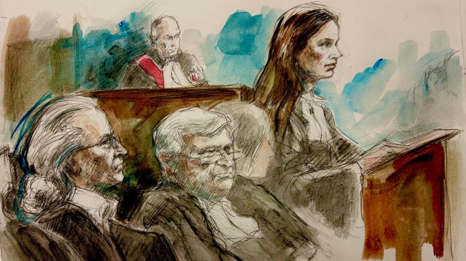 L-R: Peter Nygard, defence lawyer Brian Greenspan,  Justice Robert Goldstein and Crown lawyer Ana Serban addressing the jury on the first day of Nygard's trial in Toronto on Sept. 26, 2023.