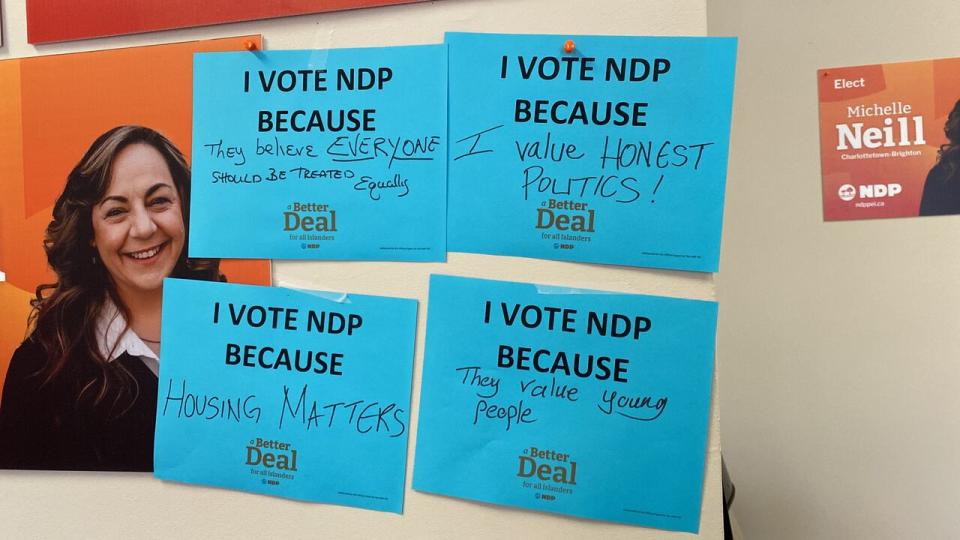 People have written values they enjoy about the NDP at party headquarters in Charlottetown.