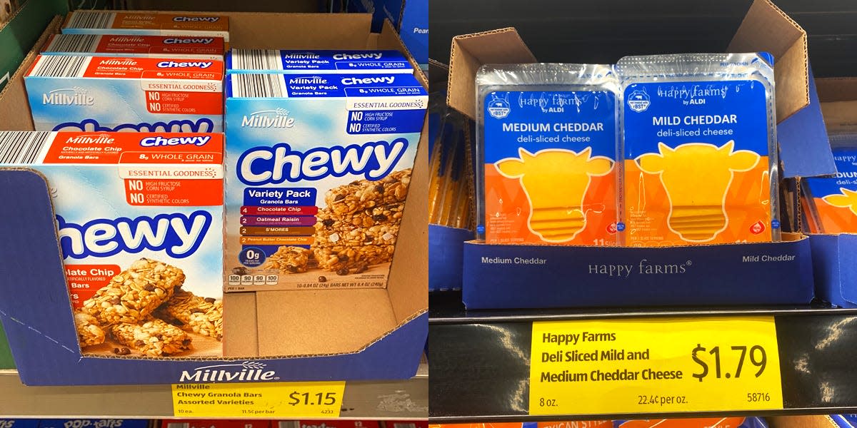 chewy granola bars in dispaly next to happy farms cheese slices in display at aldi