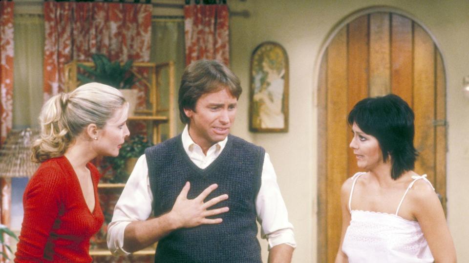 three’s company cast members priscilla barnes, joyce dewitt, and john ritter as terri, janet, and jack in season six