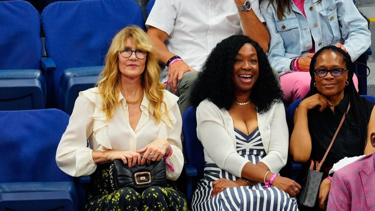 new york, new york september 09 laura dern and shonda rhimes are seen at the final game with coco gauff vs aryna sabalenka at the 2023 us open tennis championships on september 09, 2023 in new york city photo by gothamgc images