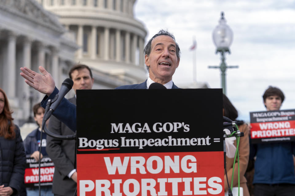 Rep. Jamie Raskin, D-Md., ranking member of the House Oversight and Accountability Committee, speaks during a news conference on Republican's impeachment inquiry into President Joe Biden at the U.S. Capitol, in Washington, Wednesday, Dec. 13, 2023. (AP Photo/Jose Luis Magana)