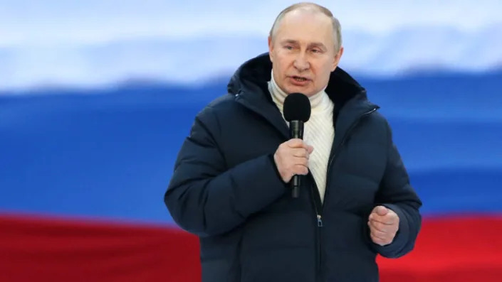 Russian President Vladimir Putin speeches during the concert marking the anniversary of the annexation of Crimea, March,18,2022, in Moscow, Russia. Thousands people gathered at Luznkiki Stadium to support President Putin, annexation of Crimea and military invasion on Ukraine. (Photo by Contributor/Getty Images) <span class="copyright">Contributor/Getty Images</span>