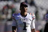 Chicago Bears quarterback Justin Fields walks off the field after his team's 24-14 loss to the Green Bay Packers in an NFL football game Sunday, Oct. 17, 2021, in Chicago. (AP Photo/Nam Y. Huh)