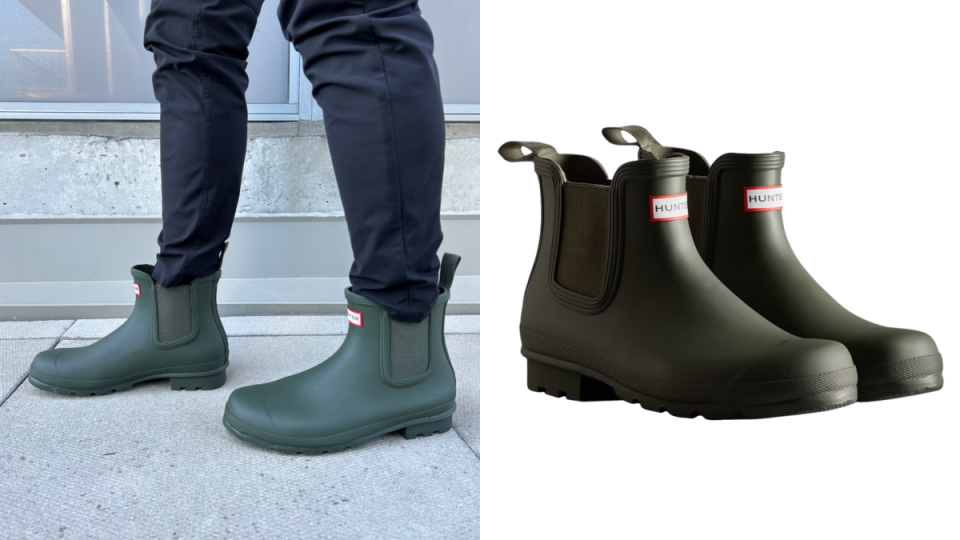 split screen of man wearing olive green short hunter rain boots and olive green short hunter rain boots